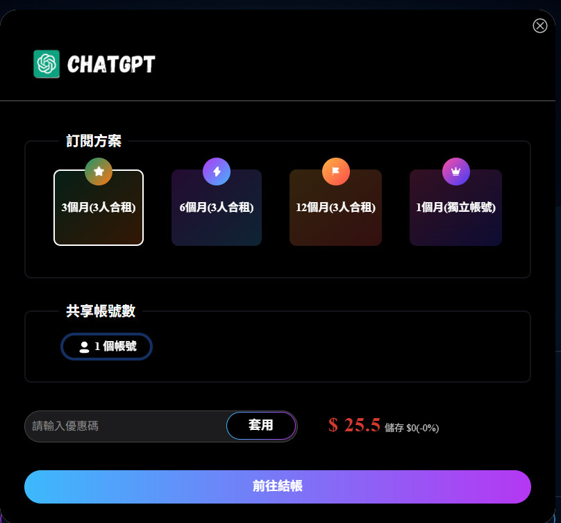 用 PremLogin 訂閱 ChatGPT Plus 超省方案,還能共享 Netflix、YouTube Premium 等熱門服務! 9 Premlogin Buy Chatgpt Option
