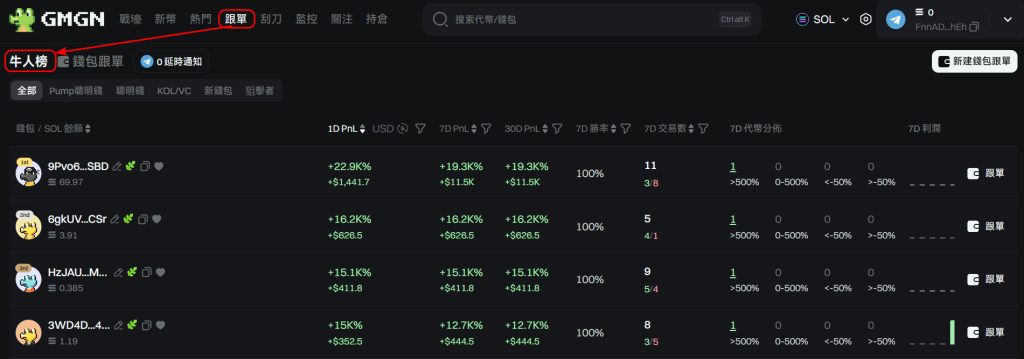 迷因幣交易超進化!GMGN 機器人讓你一鍵上車、獲利出場 13 GMGN 跟單牛人榜畫面,顯示每日排名前 100 名的高勝率錢包地址與績效指標