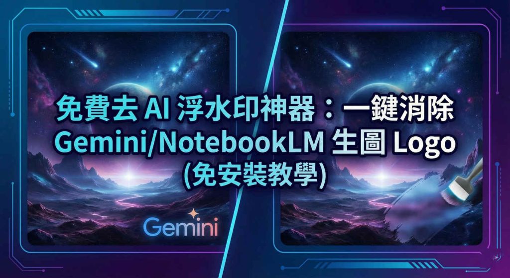 免費去 AI 浮水印神器:一鍵消除 Gemini/NotebookLM 生圖 Logo (免安裝教學) 1 部落格封面圖,左右對比展示如何消除 Gemini AI 生圖右下角的浮水印 Logo