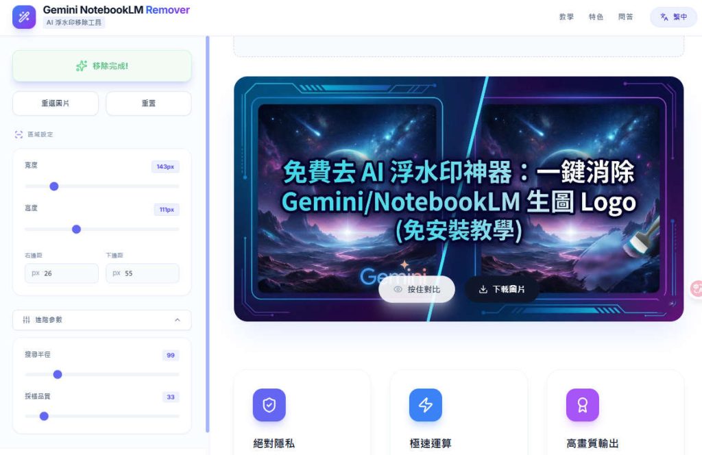免費去 AI 浮水印神器:一鍵消除 Gemini/NotebookLM 生圖 Logo (免安裝教學) 3 Gemini NotebookLM Remover 線上工具介面截圖,展示成功移除 Gemini 生圖右下角 Logo 的前後對比效果。主圖文字為「免費去 AI 浮水印神器:一鍵消除 Gemini/NotebookLM 生圖 Logo (免安裝教學)」,左側側邊欄顯示去除浮水印的相關設定參數。