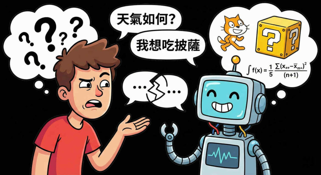 使用者與 AI 溝通不良示意圖：左側困惑的使用者提出模糊問題，右側 AI 機器人無法理解，中間對話框顯示溝通斷裂，說明缺乏清晰指令導致答非所問的常見問題