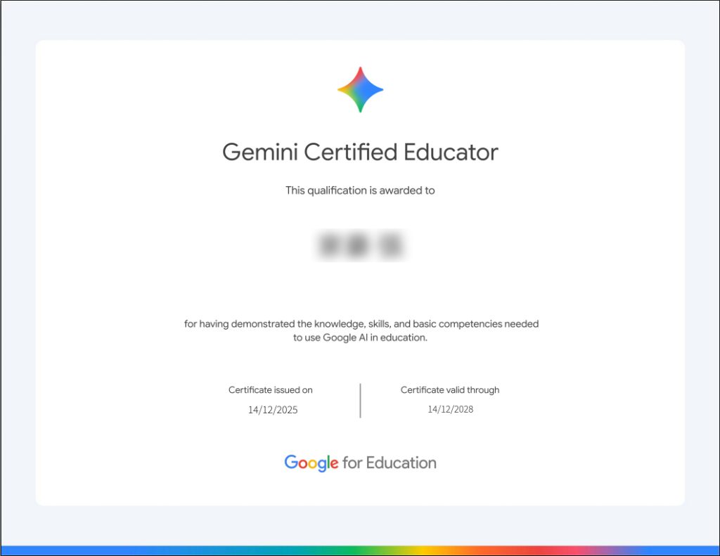 Google for Education 核發的 Gemini Certified Educator 認證證書