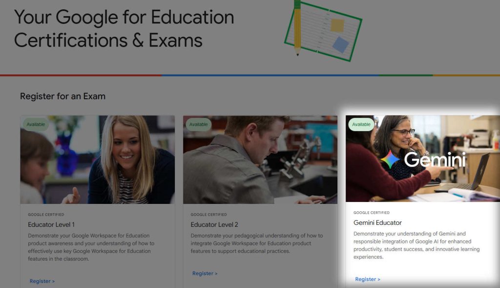Google Gemini Educator 認證課程介紹，背景為兩位教育工作者正在討論電腦內容。文字說明此認證旨在展示對 Gemini 的理解及 Google AI 的負責任整合，以提升生產力與創新學習體驗
