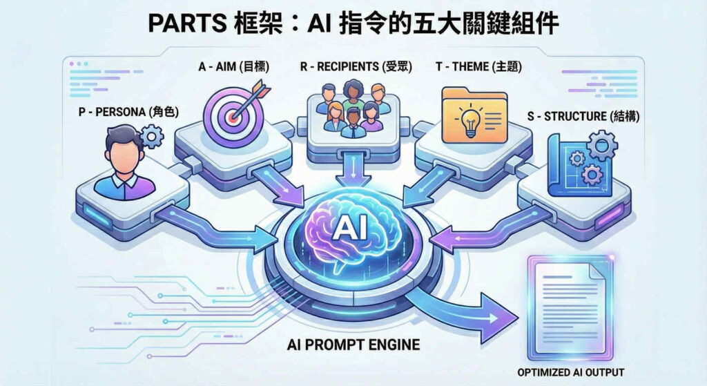 PARTS 框架完整工作流程圖：包含 Persona 角色、Aim 目標、Recipients 受眾、Theme 主題、Structure 結構五大要素，所有組件透過 AI Prompt Engine 處理後產出優化的 AI 輸出文件