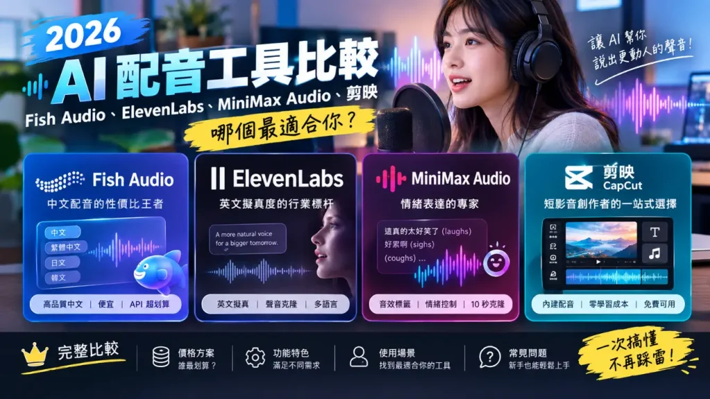 2026年AI配音工具比較圖，展示Fish Audio、ElevenLabs、MiniMax Audio與剪映CapCut四大平台，並有一位女性戴耳機對著麥克風說話。