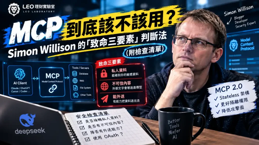 Simon Willison 正在思考 MCP 模型上下文協議的安全性問題，圖中顯示了其「致命三要素」判斷法和安全檢查清單。