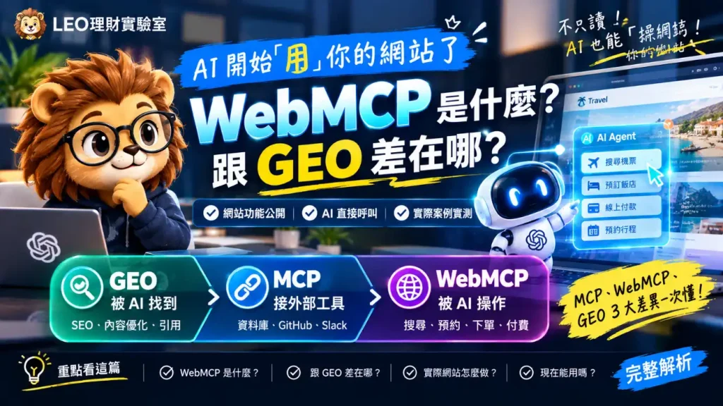 呈現LEO理財實驗室關於AI操作網站的文章橫幅，內容包含戴眼鏡的卡通獅子LEO、一個小型AI機器人、筆記型電腦螢幕顯示AI代理執行預訂機票飯店等功能，以及GEO、MCP、WebMCP三者的比較圖表，闡述AI如何「用」你的網站。
