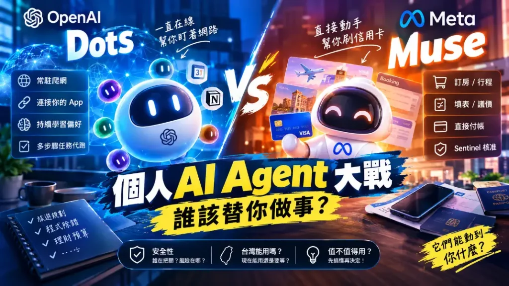 這是一張關於「個人AI Agent大戰」的宣傳圖，比較了OpenAI Dots和Meta Muse兩款AI代理。圖中兩個卡通機器人分別代表OpenAI和Meta，左側OpenAI Dots強調網絡監控、應用程式連接、學習偏好和多步驟任務執行（如旅遊規劃、程式除錯、理財預算）。右側Meta Muse則強調自動化交易、訂房、填表、議價和支付（如刷信用卡、行程預訂）。底部提出關於AI代理的安全性、地區可用性及價值等問題。背景為辦公桌場景，有手機、護照等物品。