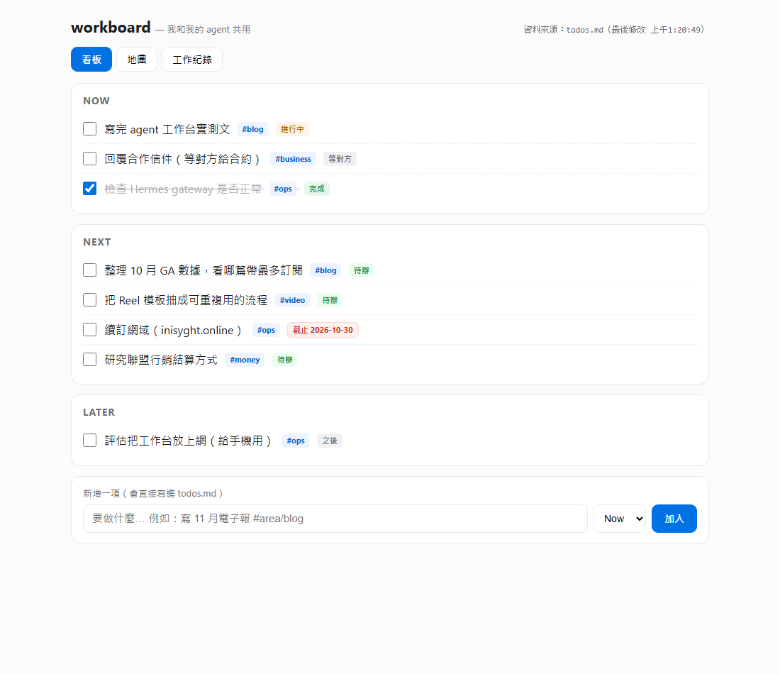 AI agent 到底幫我做了什麼?用一個純文字檔做一個看得見的工作台 2 我自己在 Windows 上做的 agent 工作台:三個區塊、勾選框、標籤與截止日