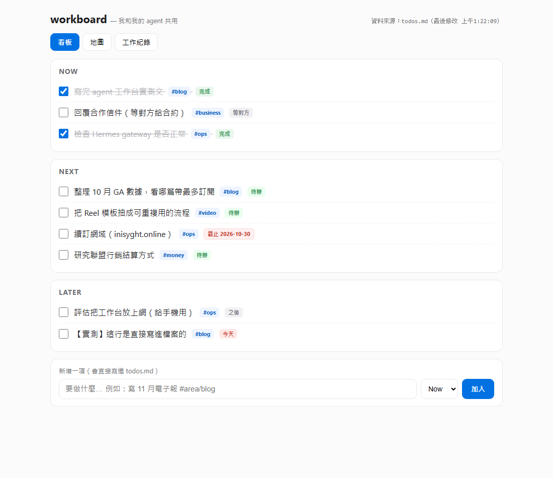 AI agent 到底幫我做了什麼?用一個純文字檔做一個看得見的工作台 4 實測:從外部把一行寫進 todos.md,網頁自動出現新項目